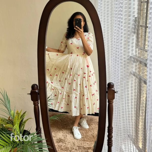 White Thread Work Cotton Midi  Dress