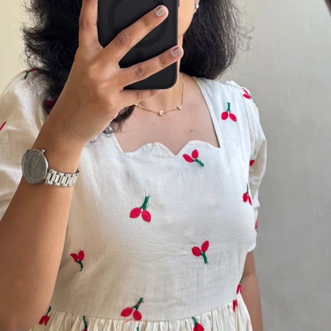 White Thread Work Cotton Midi  Dress
