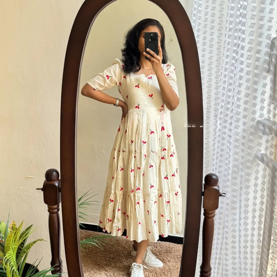 White Thread Work Cotton Midi  Dress
