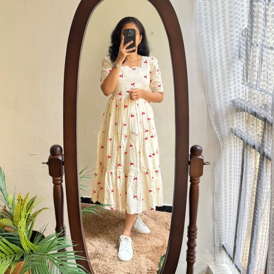 White Thread Work Cotton Midi  Dress