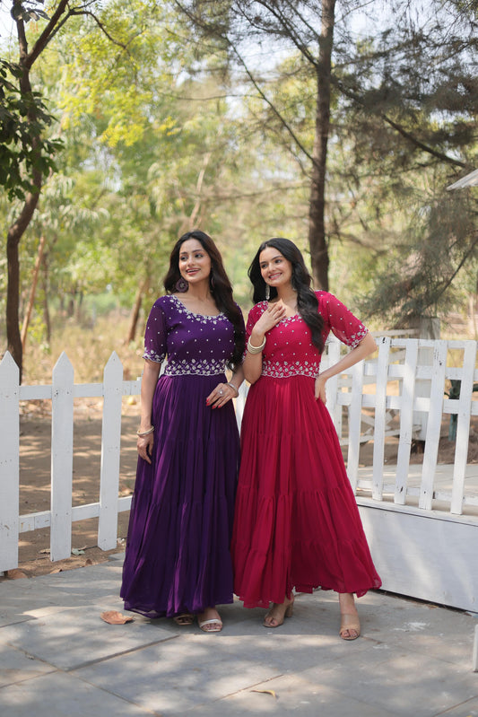 Faux Blooming Georgette - Bead Embroidery Gown Work