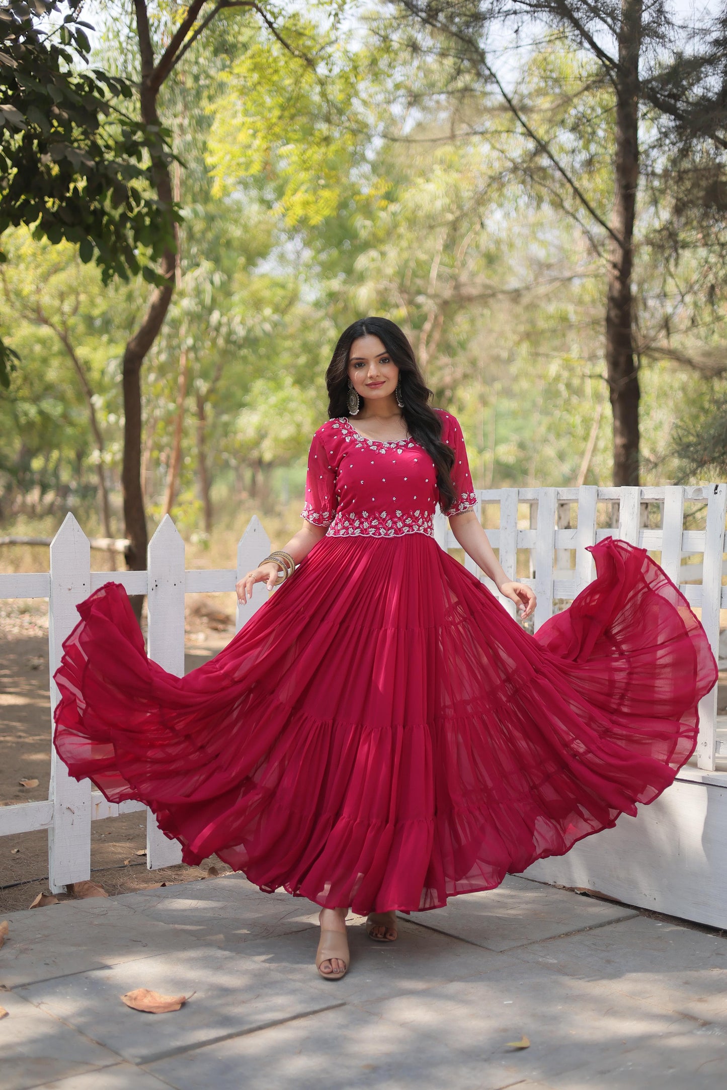 Faux Blooming Georgette - Bead Embroidery Gown Work