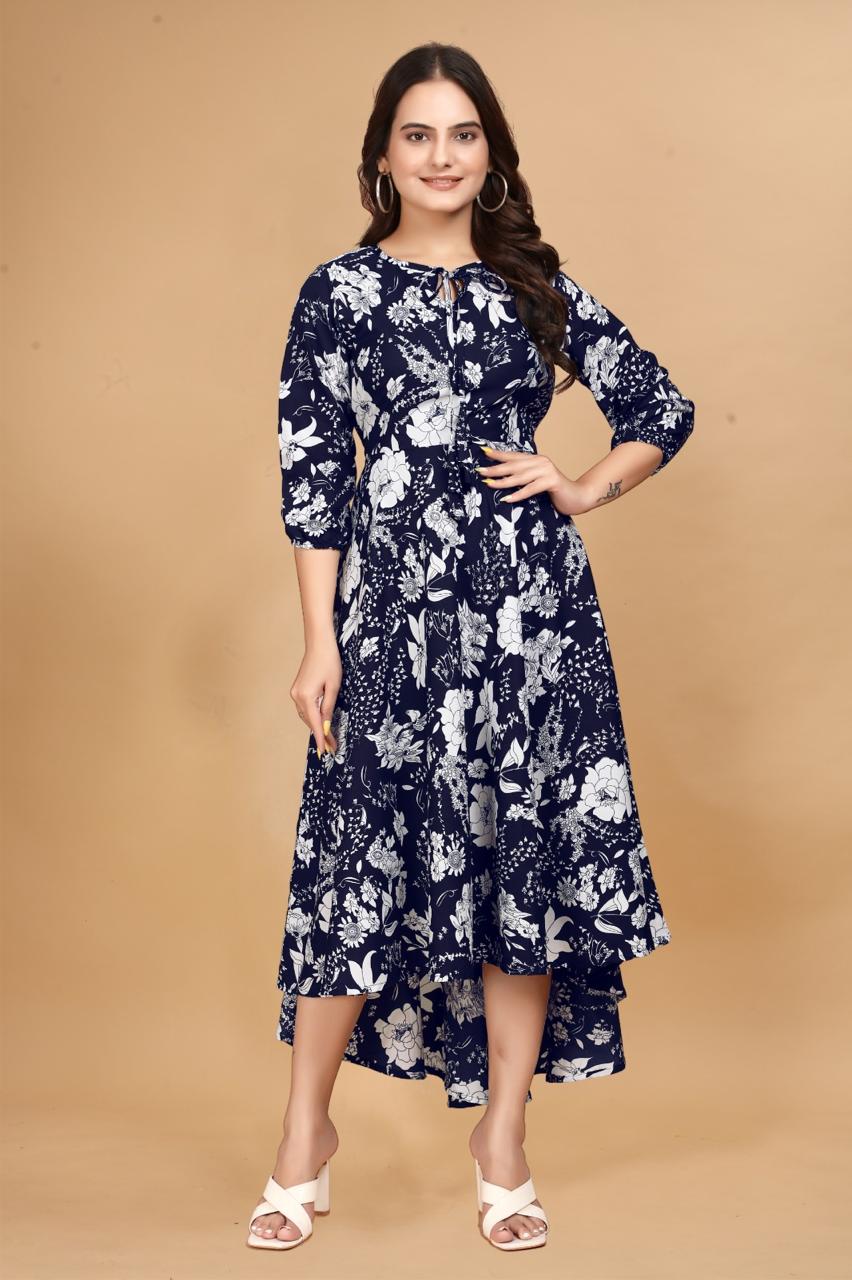 Purple Long Crepe Knee Sleeves Dress