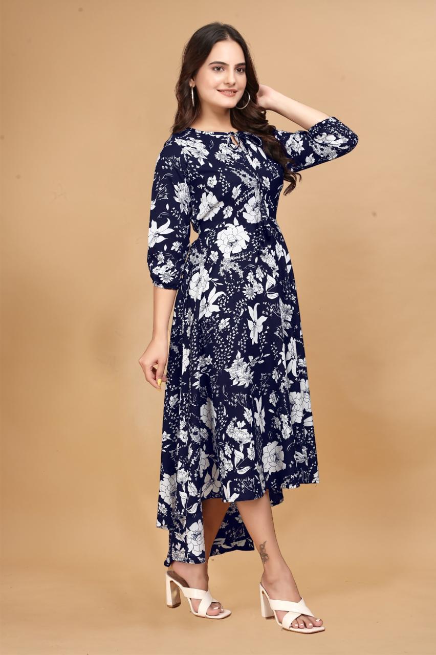 Purple Long Crepe Knee Sleeves Dress