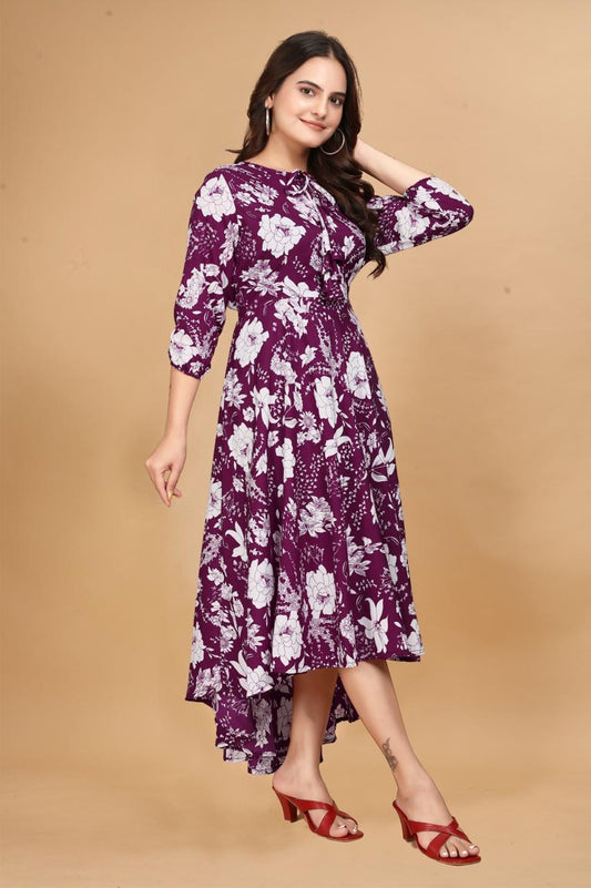 Purple Long Crepe Knee Sleeves Dress