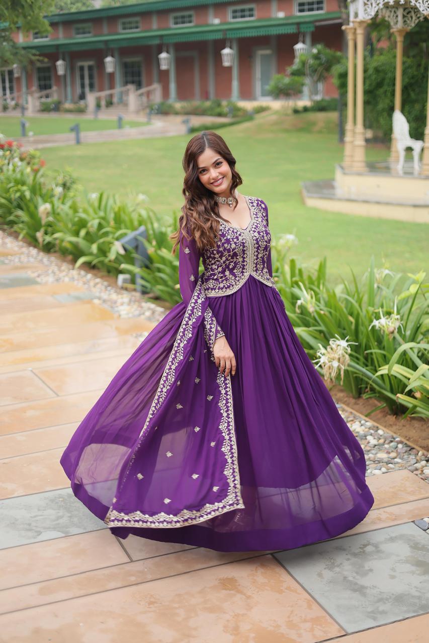 Faux Blooming Georgette - Rich Sequins Multi Embroidery Gown Work
