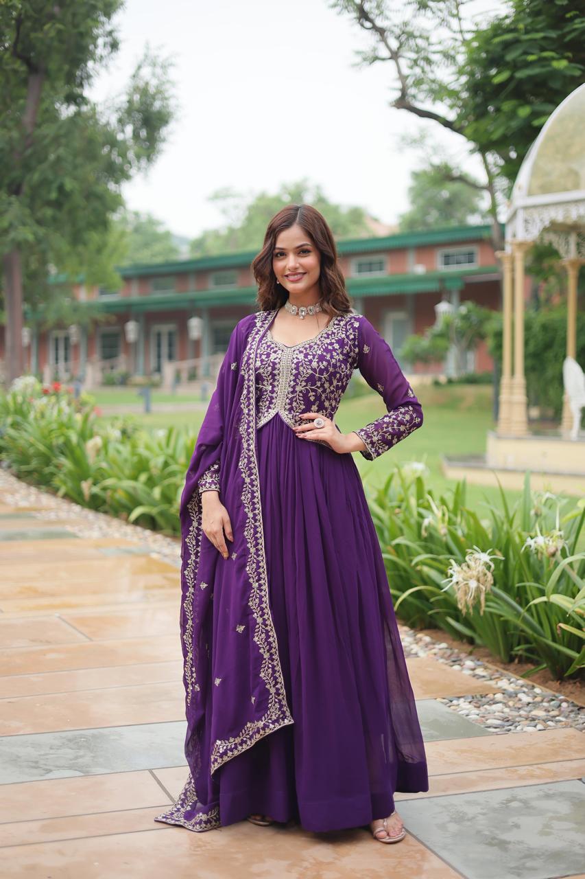 Faux Blooming Georgette - Rich Sequins Multi Embroidery Gown Work