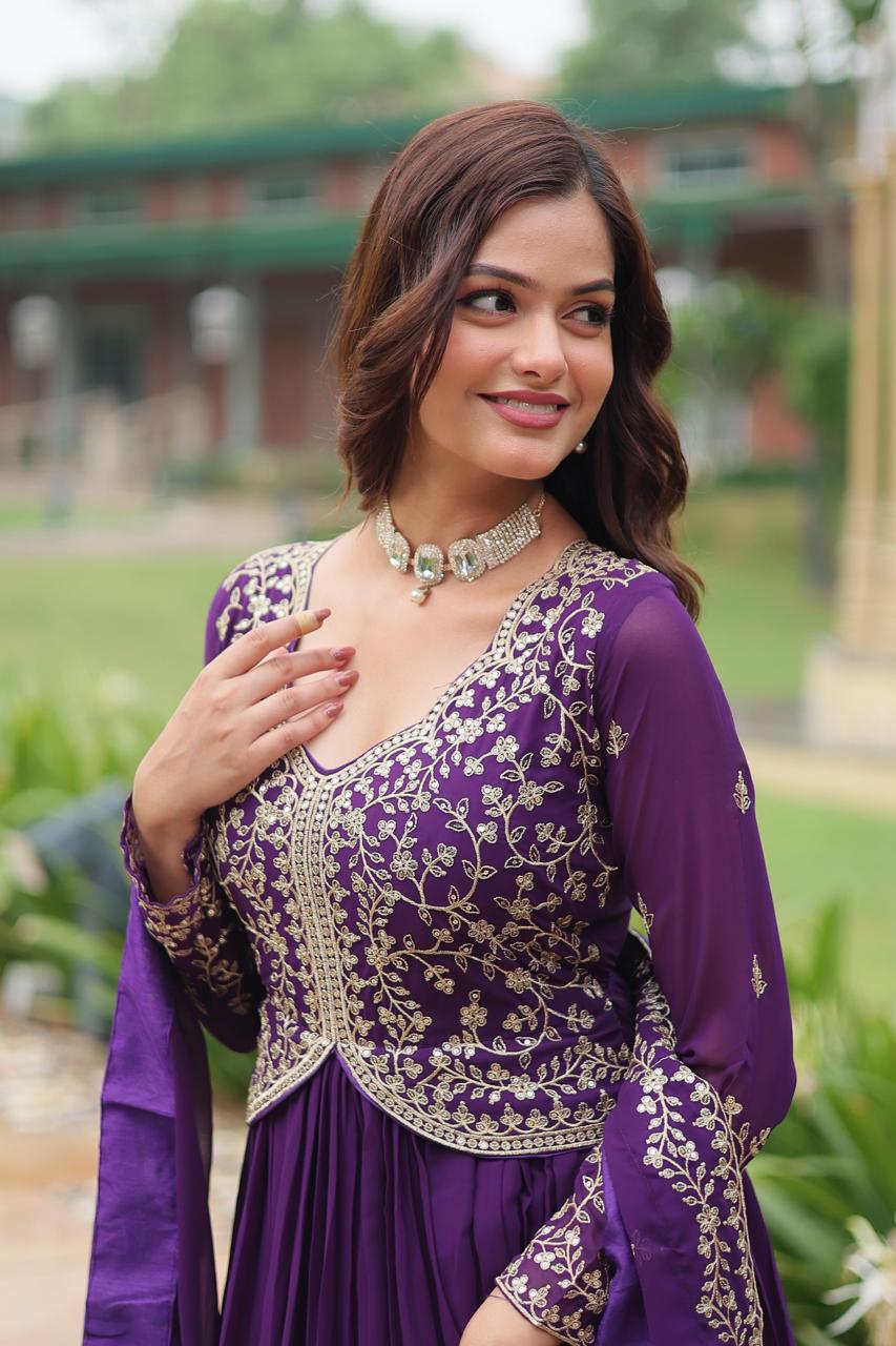 Faux Blooming Georgette - Rich Sequins Multi Embroidery Gown Work