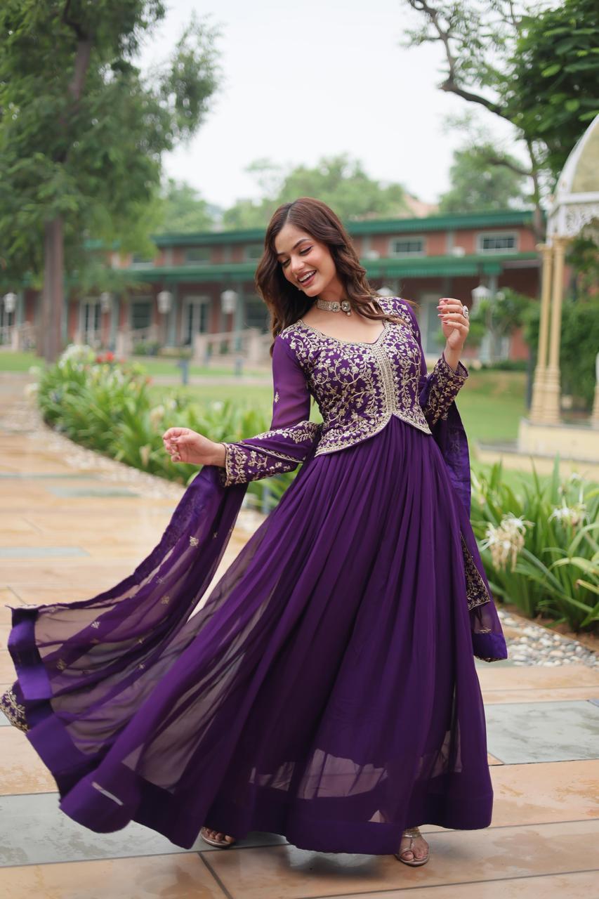 Faux Blooming Georgette - Rich Sequins Multi Embroidery Gown Work