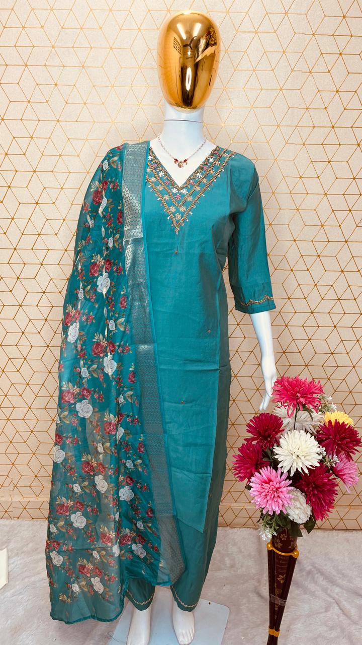 Handwork Silk - Suit with Jaquard Dupatta