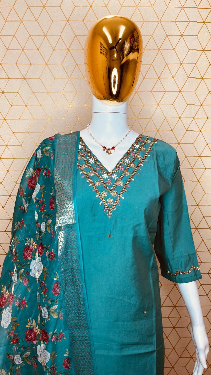 Handwork Silk - Suit with Jaquard Dupatta