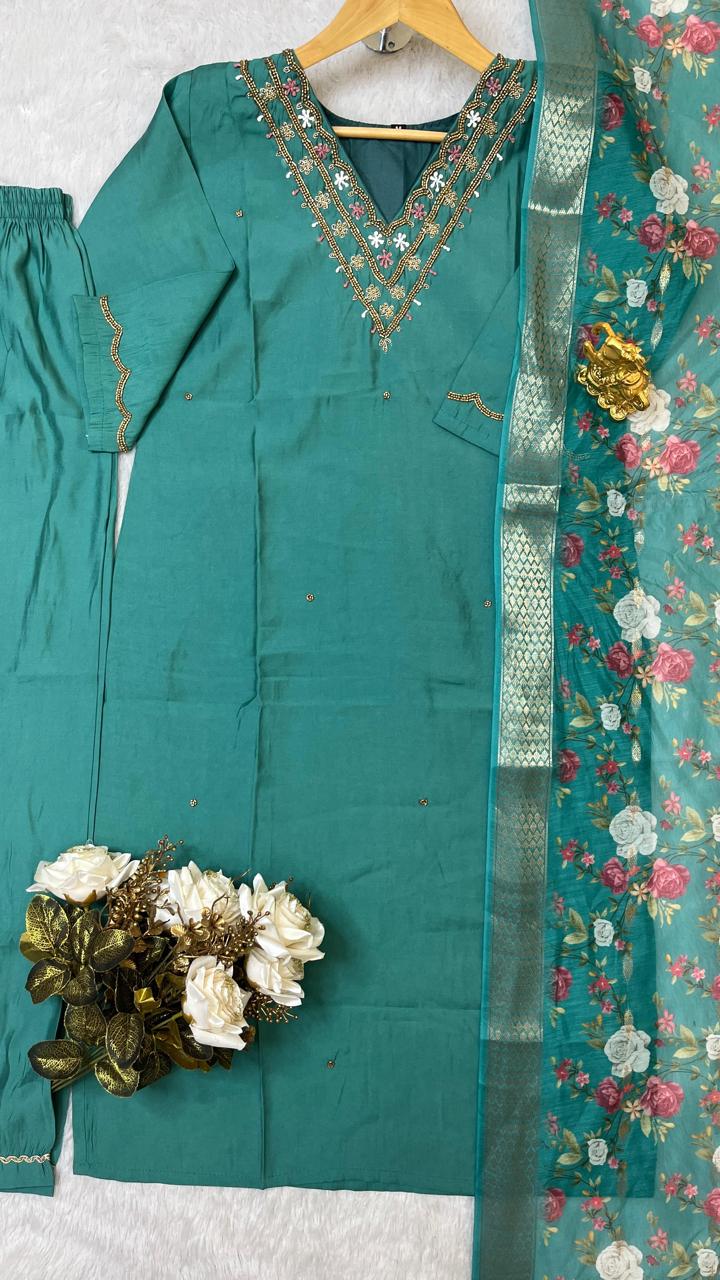 Handwork Silk - Suit with Jaquard Dupatta