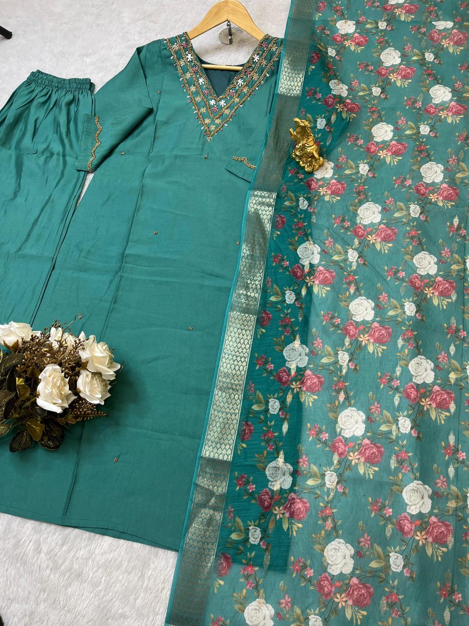 Handwork Silk - Suit with Jaquard Dupatta