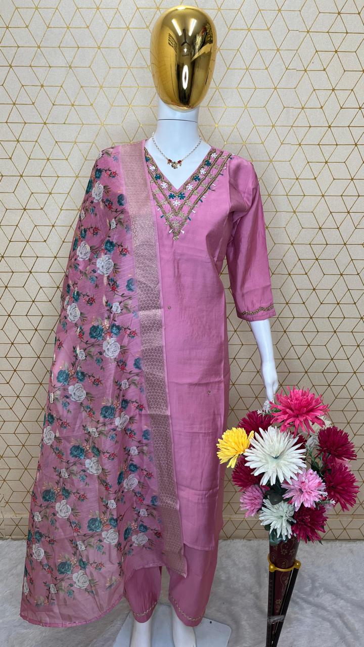 Handwork Silk - Suit with Jaquard Dupatta