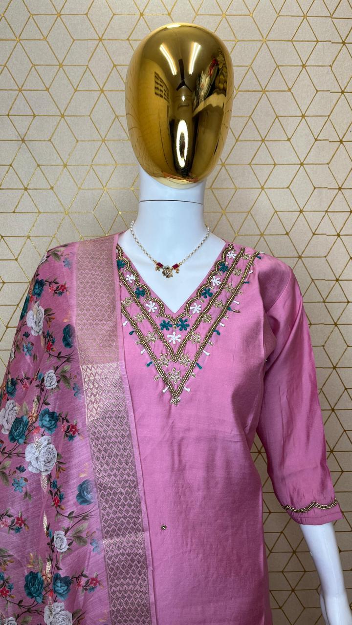 Handwork Silk - Suit with Jaquard Dupatta