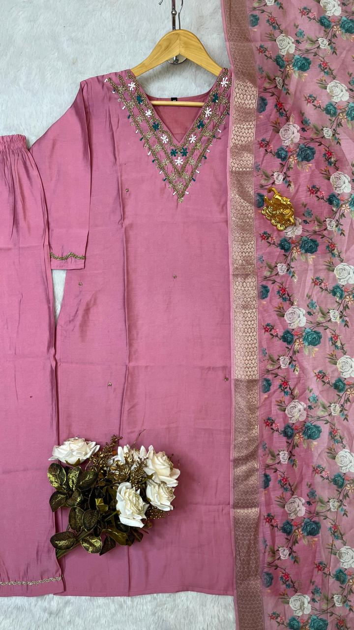 Handwork Silk - Suit with Jaquard Dupatta
