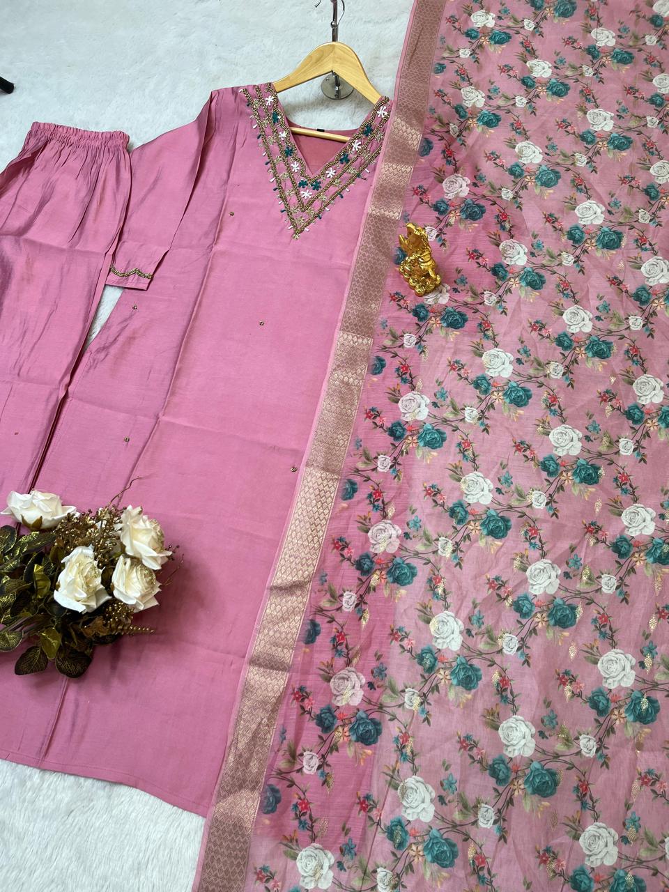 Handwork Silk - Suit with Jaquard Dupatta