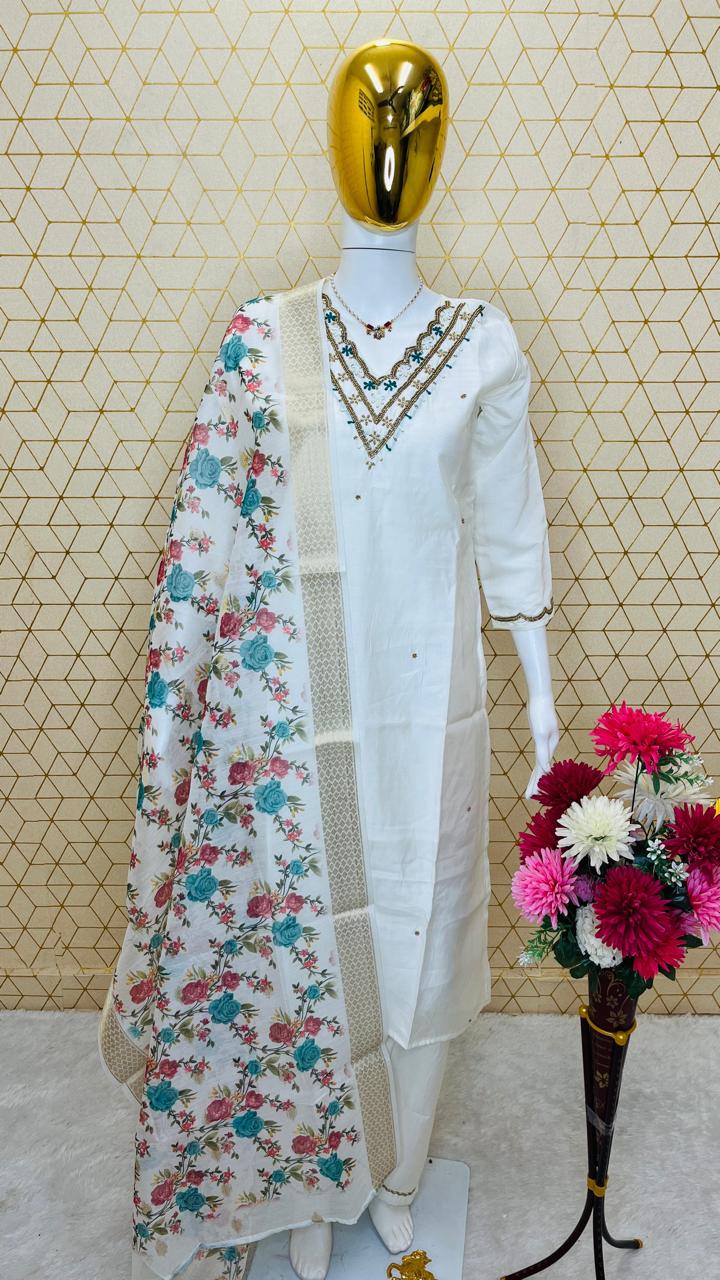 Handwork Silk - Suit with Jaquard Dupatta