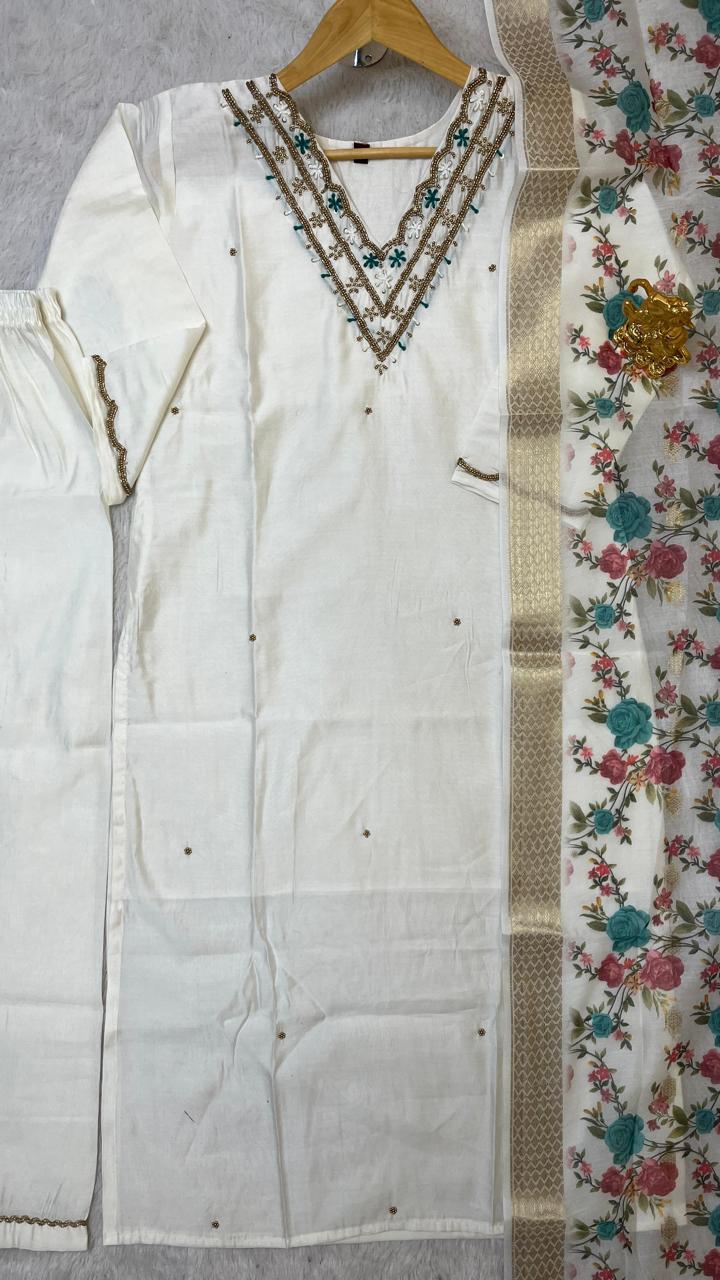 Handwork Silk - Suit with Jaquard Dupatta
