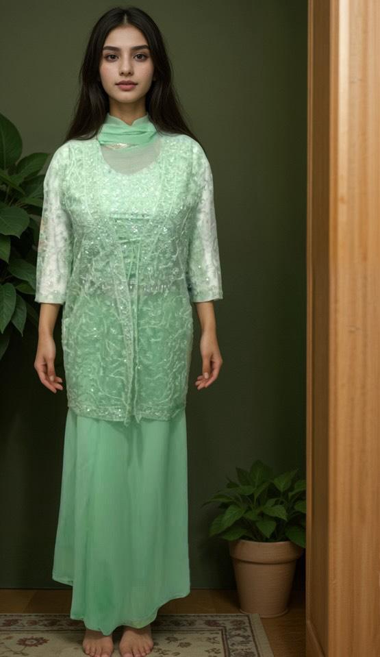 Georgette Koti Sharara Blouse Set - Mint kurti