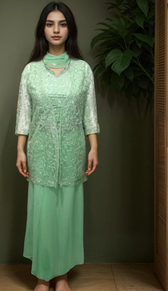 Georgette Koti Sharara Blouse Set - Mint kurti