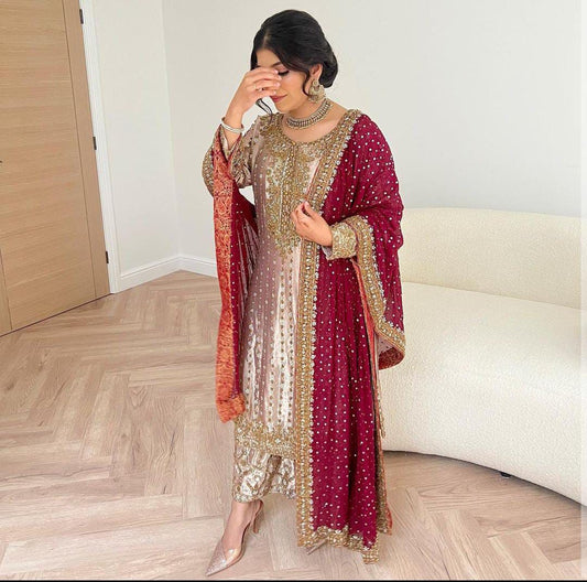 New Beige Heavy Devsena Silk with Embroidery 3 Piece Plazo Suit Set