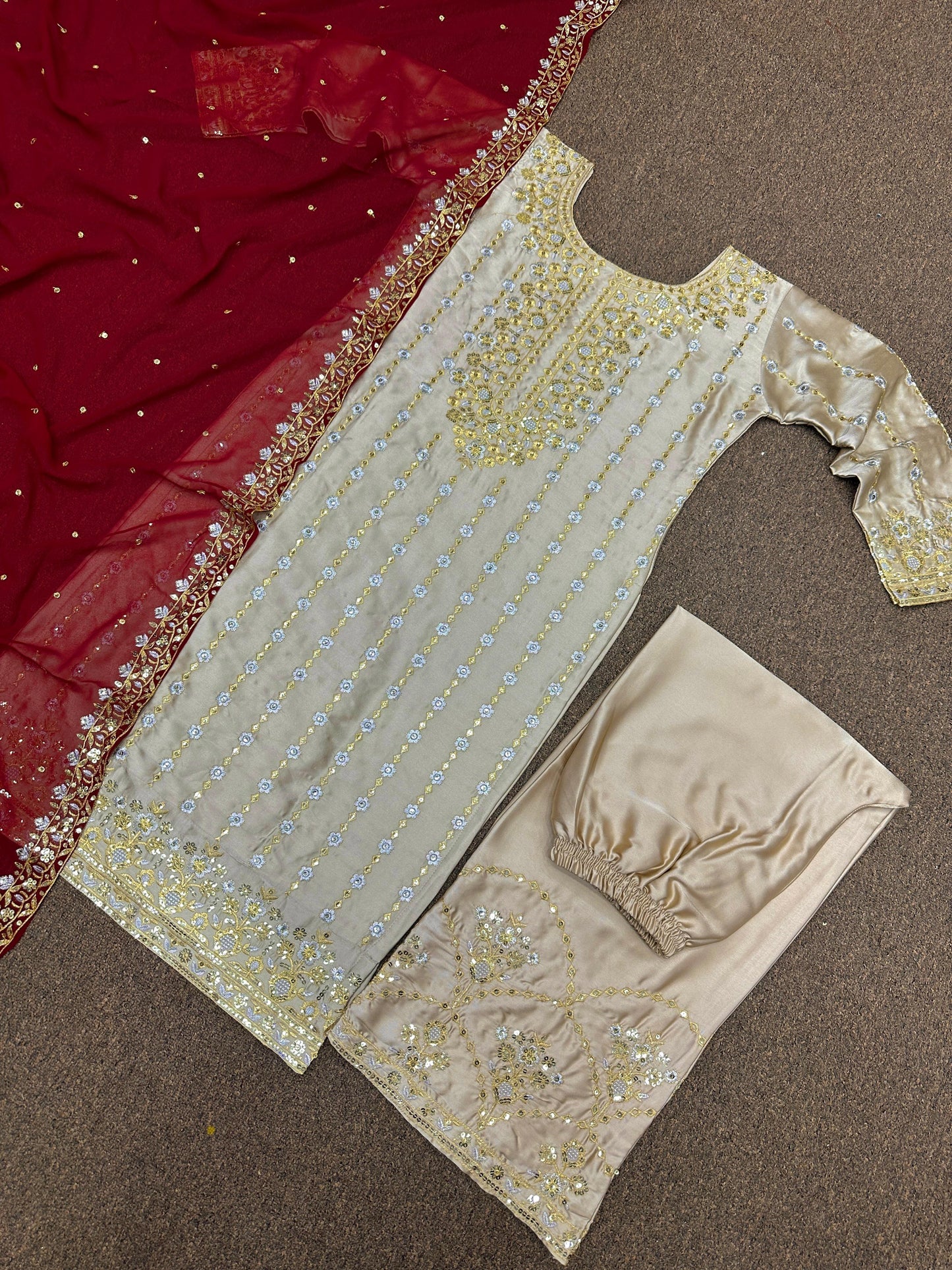 New Beige Heavy Devsena Silk with Embroidery 3 Piece Plazo Suit Set