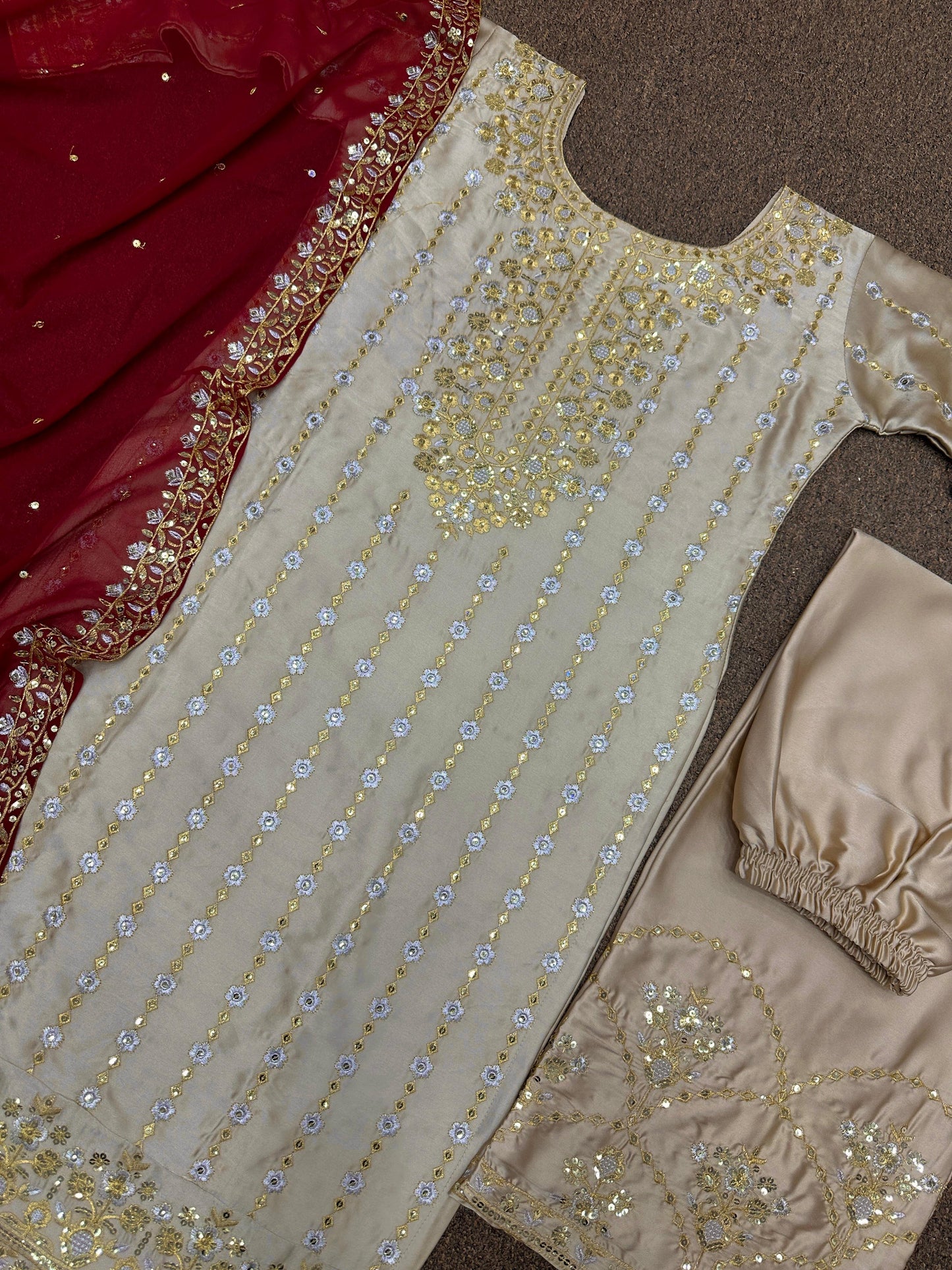 New Beige Heavy Devsena Silk with Embroidery 3 Piece Plazo Suit Set