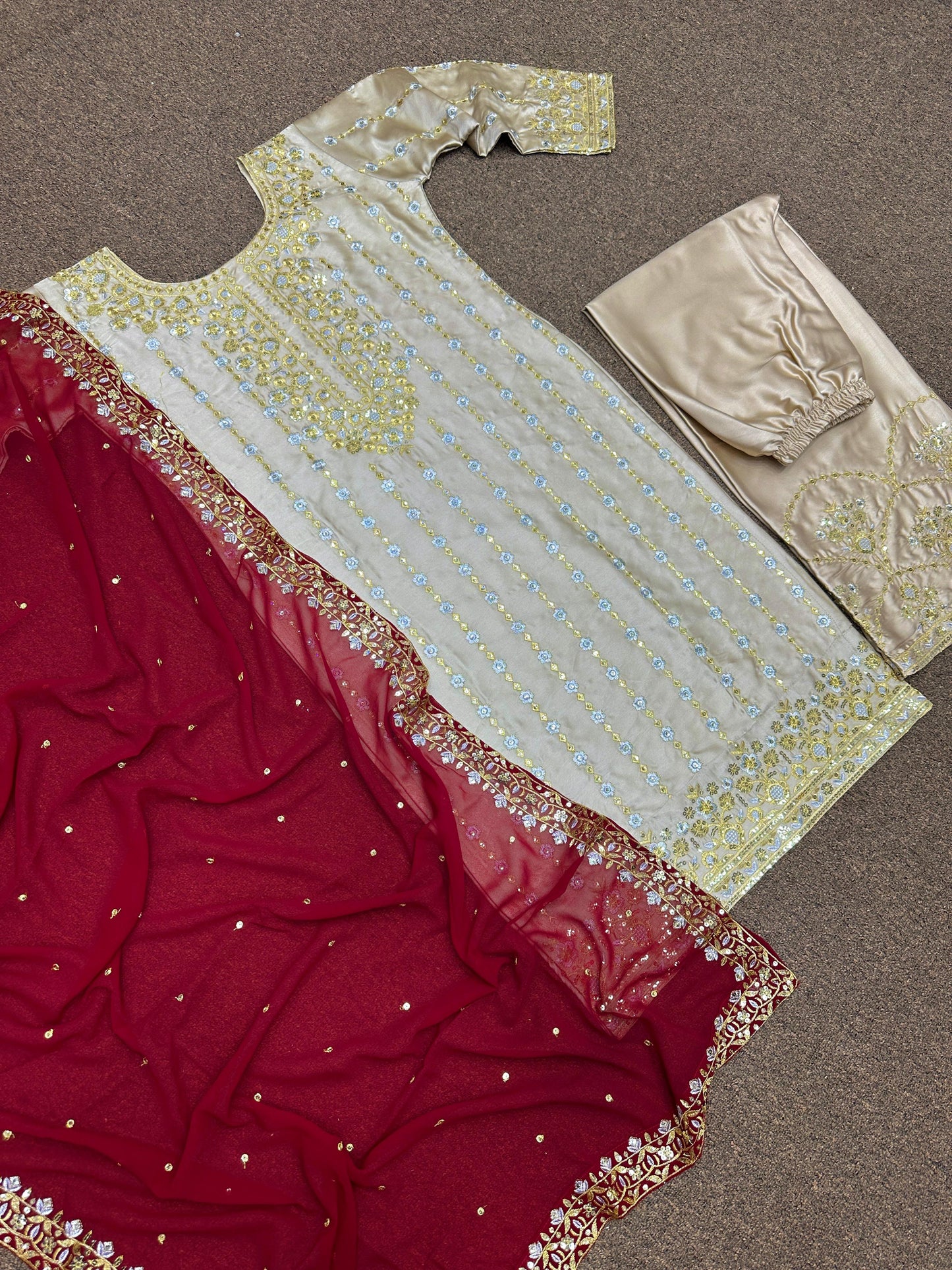 New Beige Heavy Devsena Silk with Embroidery 3 Piece Plazo Suit Set