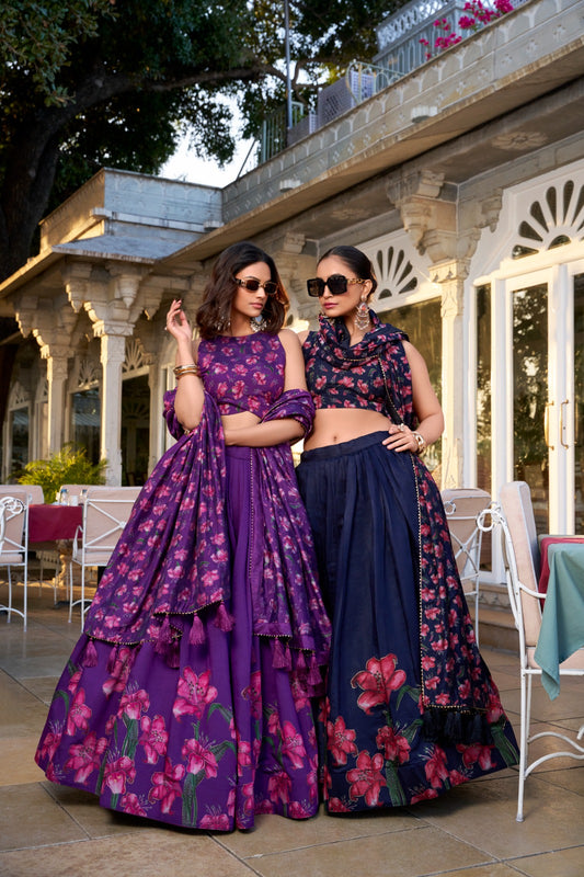 Lehenga Choli Silk - Navy Blue & Lavender With Blouse