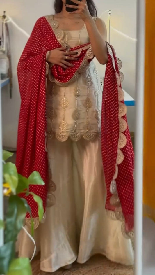 Pretty Beige with Heavy Tedy Crush And Embroidery 3 piece Sharara Suit Set