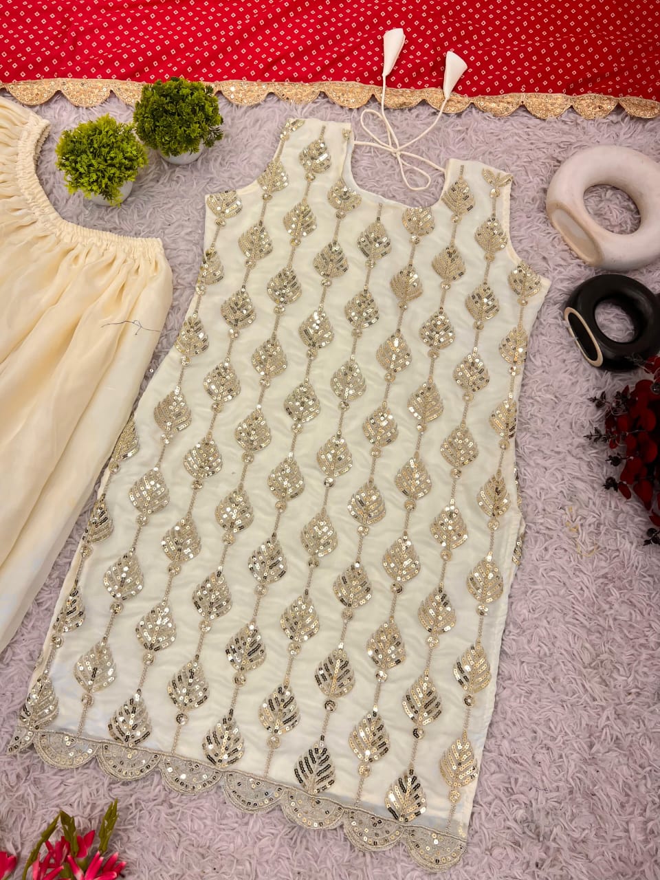 Pretty Beige with Heavy Tedy Crush And Embroidery 3 piece Sharara Suit Set