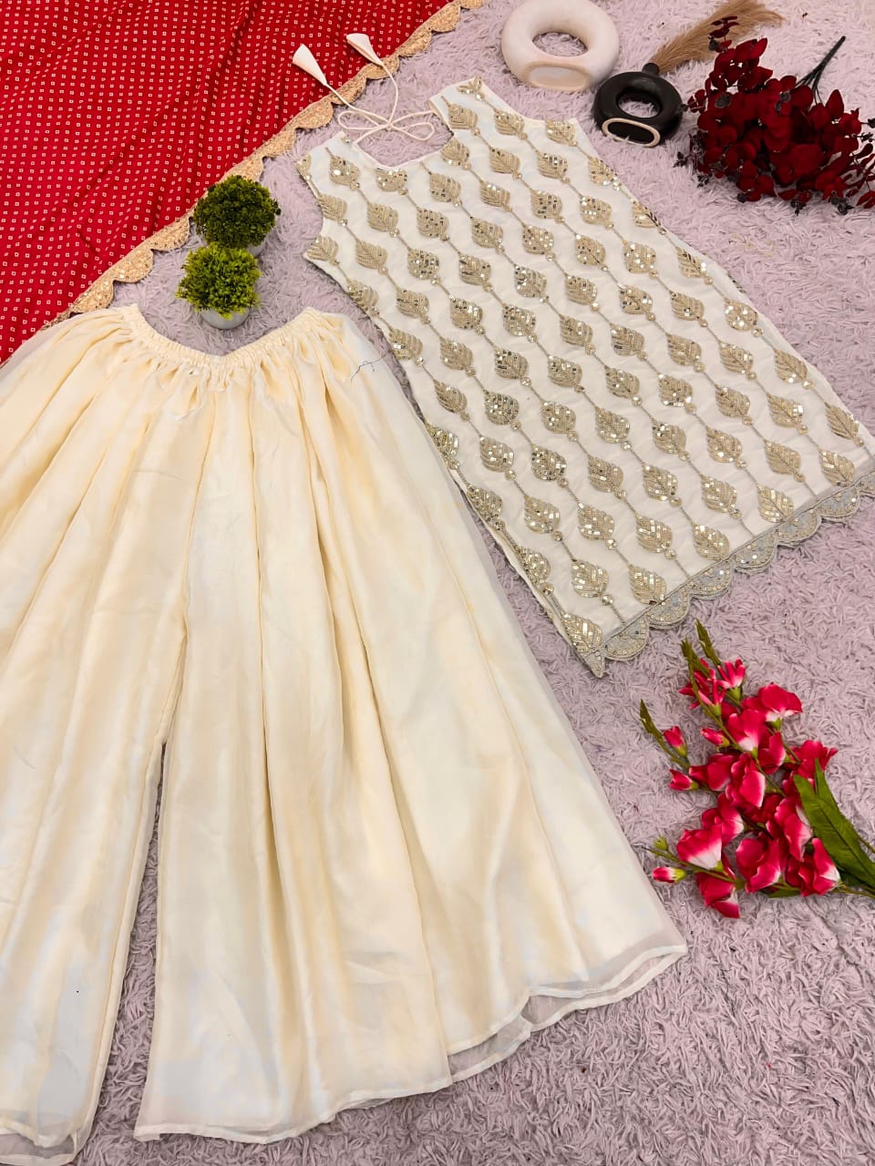 Pretty Beige with Heavy Tedy Crush And Embroidery 3 piece Sharara Suit Set