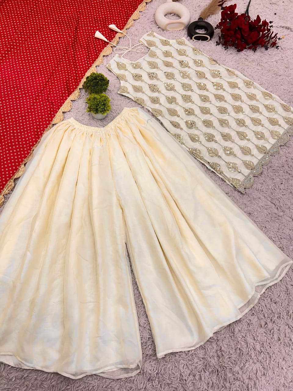Pretty Beige with Heavy Tedy Crush And Embroidery 3 piece Sharara Suit Set