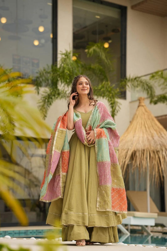 Lovely Green Chinon Silk Three Piece Anarkali Suit Sets