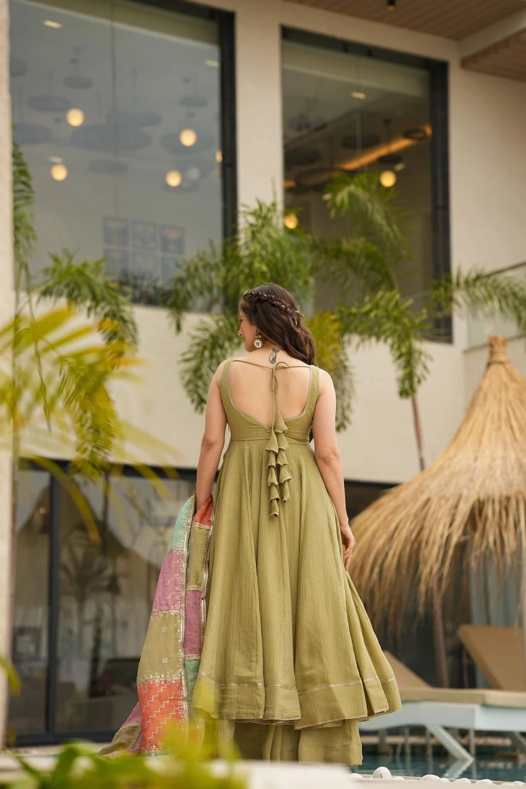 Lovely Green Chinon Silk Three Piece Anarkali Suit Sets