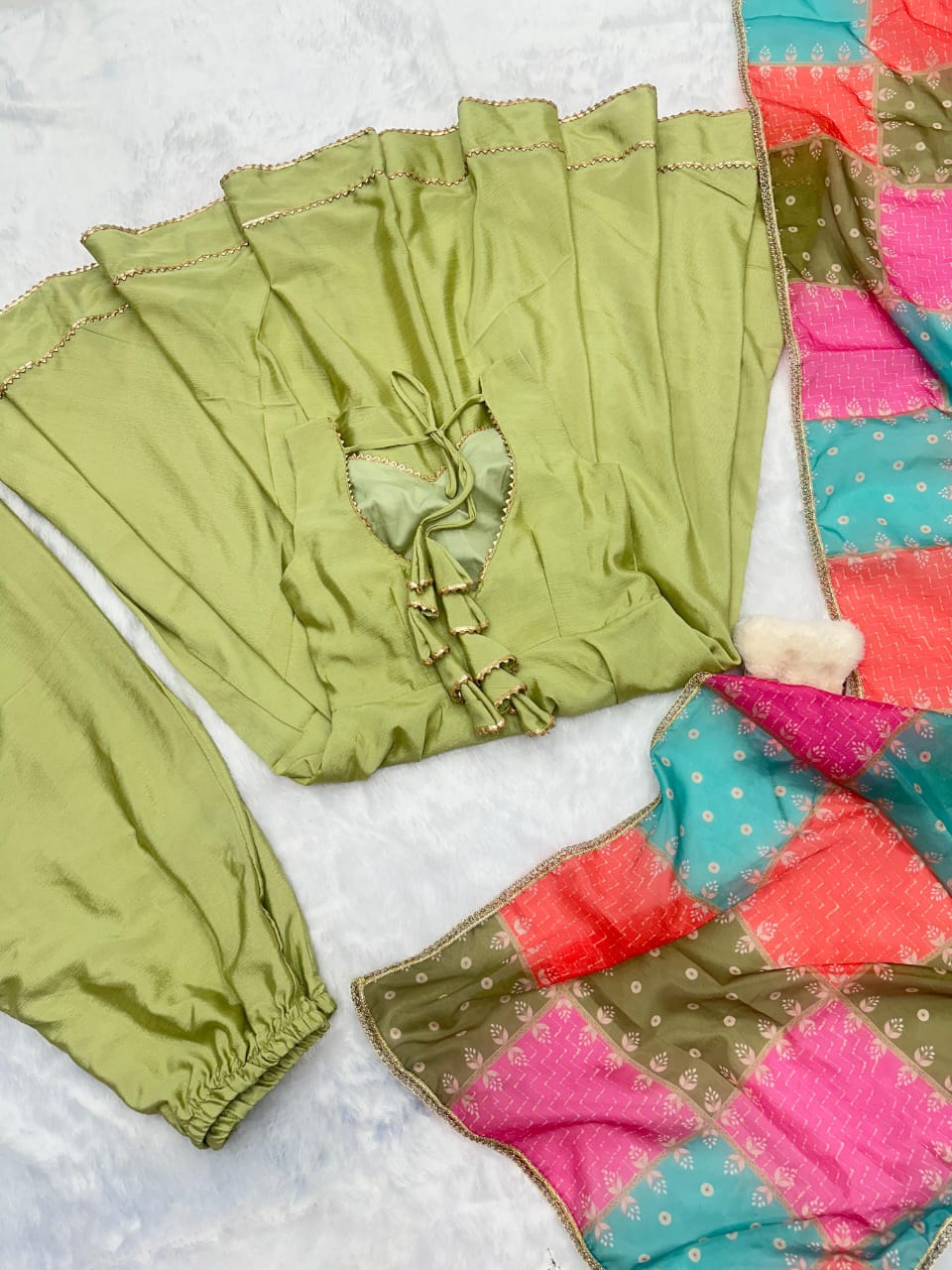 Lovely Green Chinon Silk Three Piece Anarkali Suit Sets