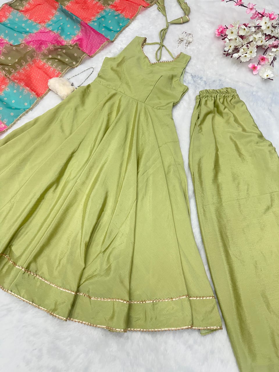 Lovely Green Chinon Silk Three Piece Anarkali Suit Sets