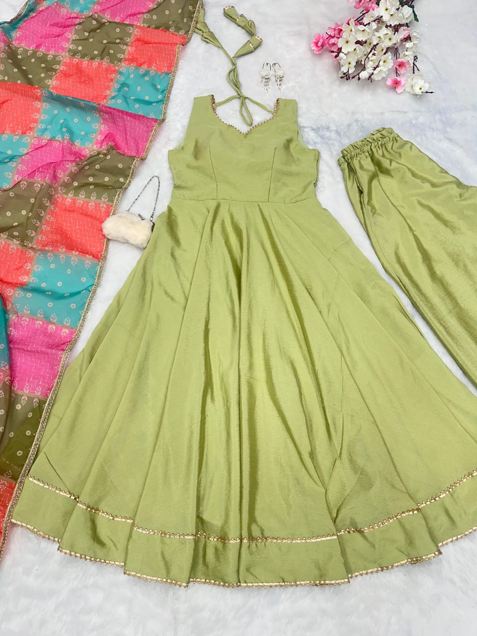Lovely Green Chinon Silk Three Piece Anarkali Suit Sets