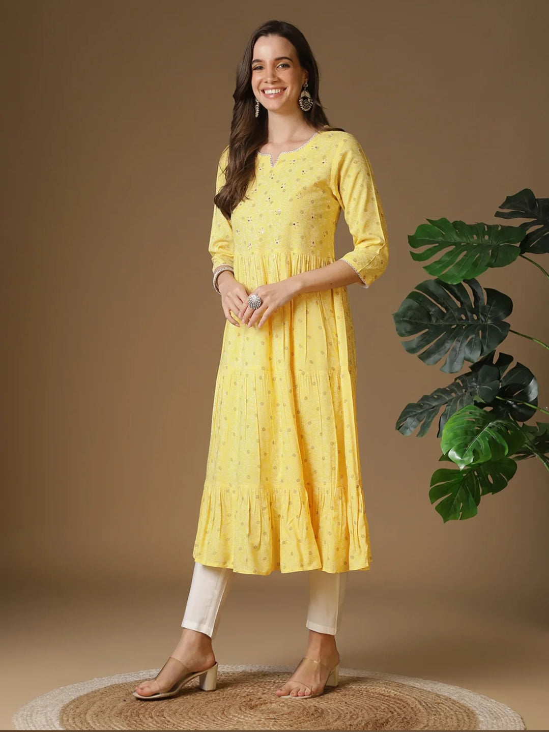 Rayon Yellow Embroidered Anarkali Dress
