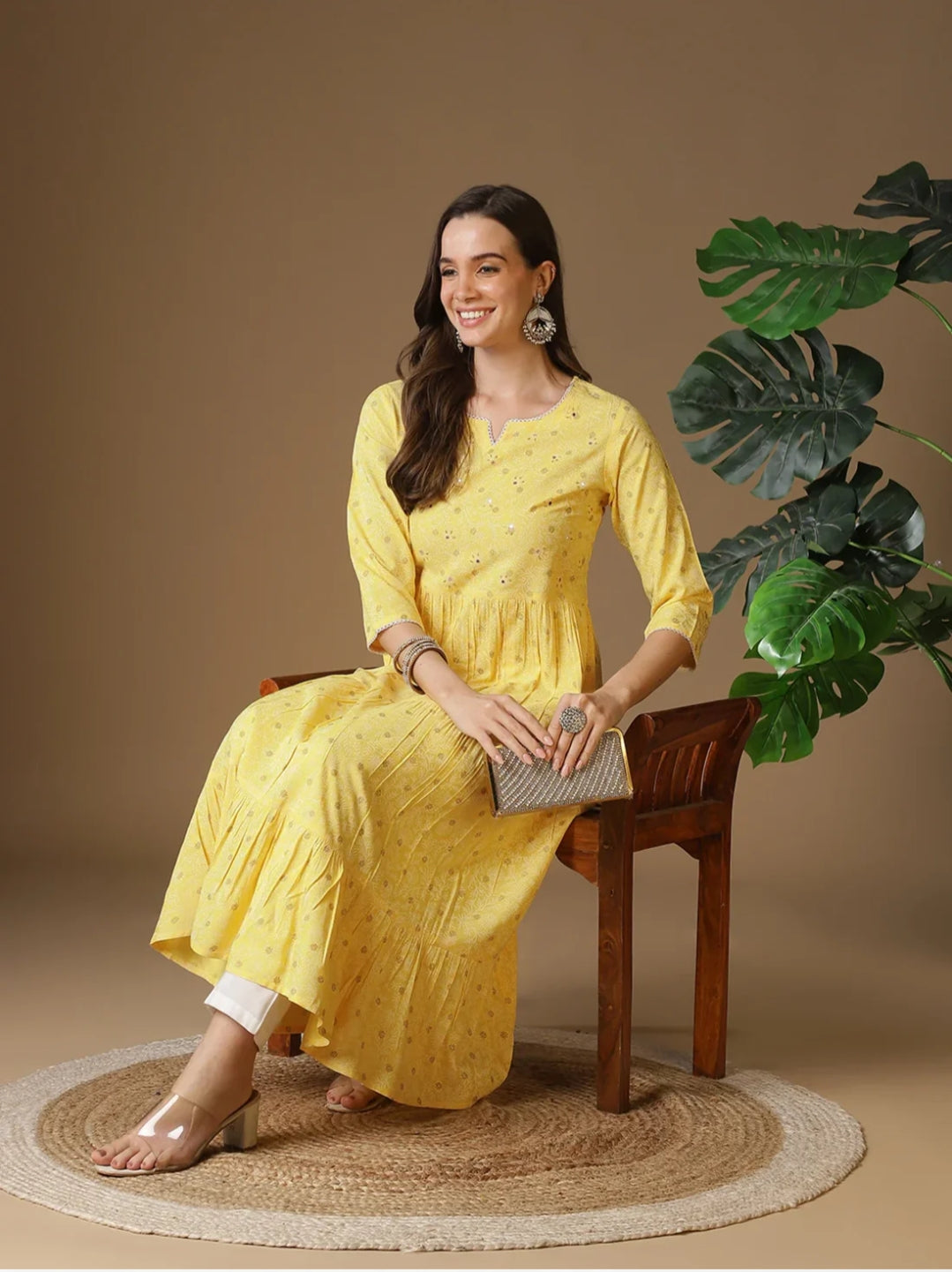 Rayon Yellow Embroidered Anarkali Dress