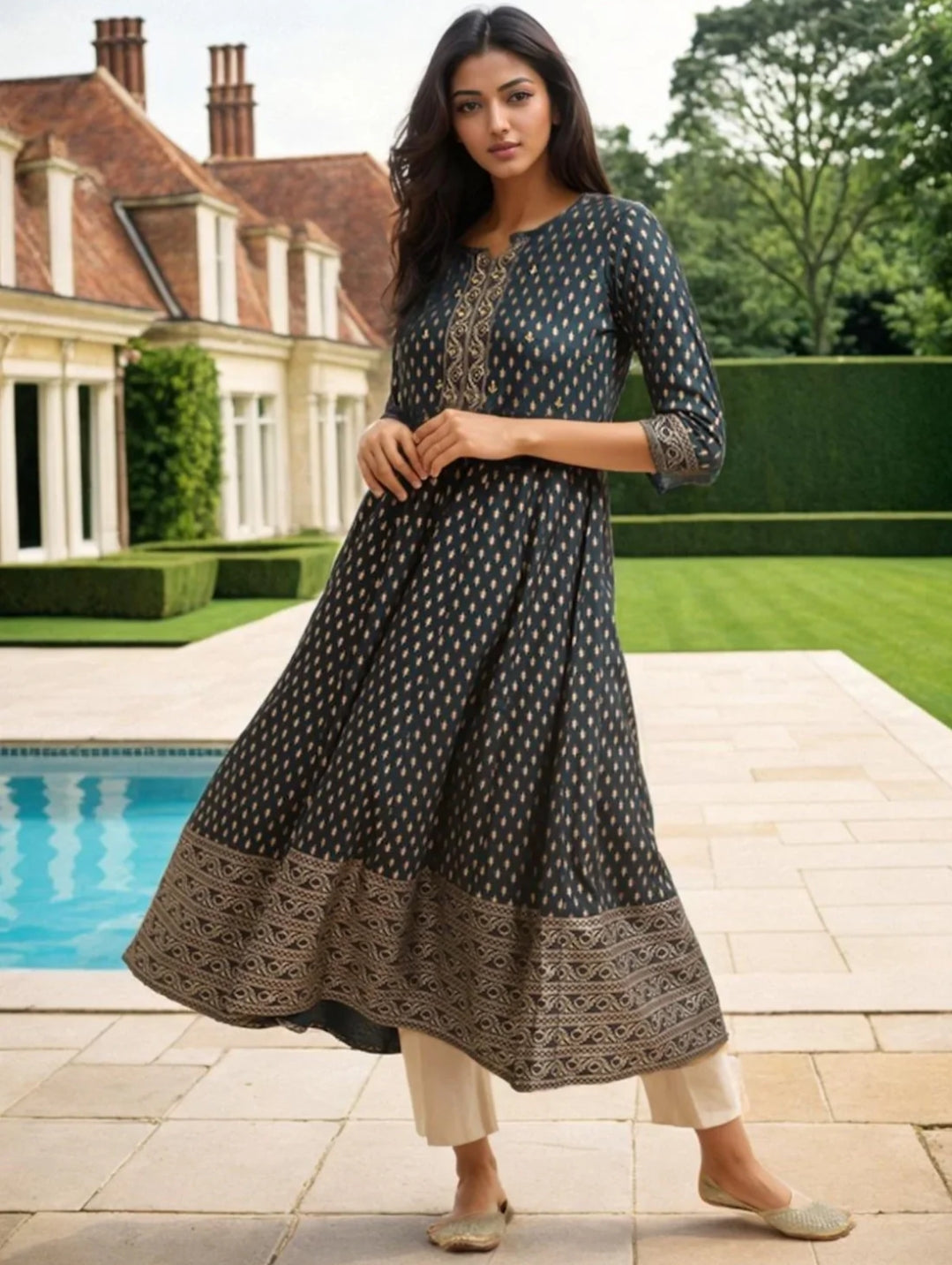 Rayon Dark Navy Embroidered Anarkali Dress