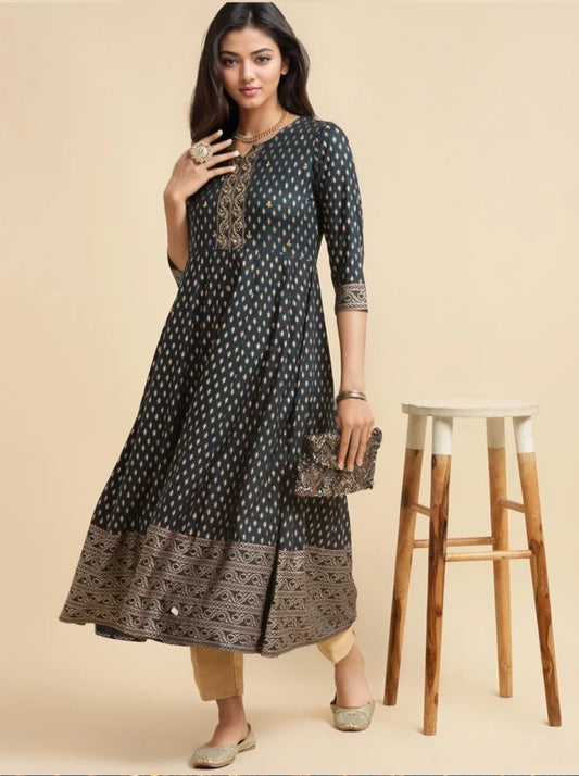 Rayon Dark Navy Embroidered Anarkali Dress