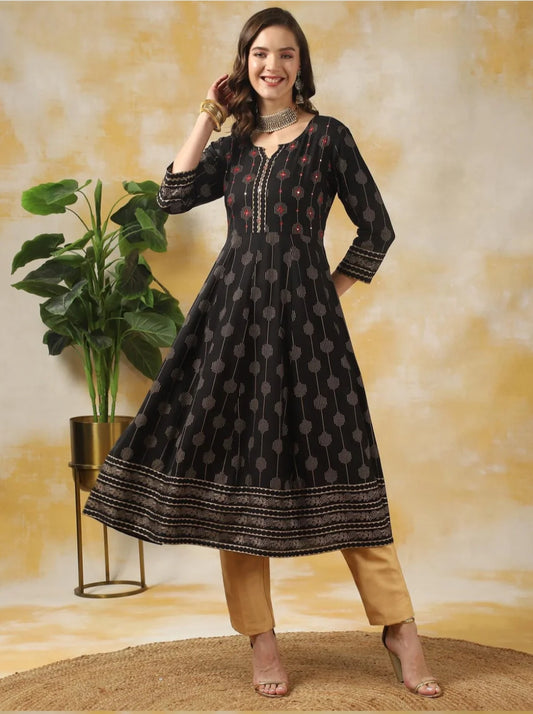 Rayon Black Embroidered Anarkali Dress