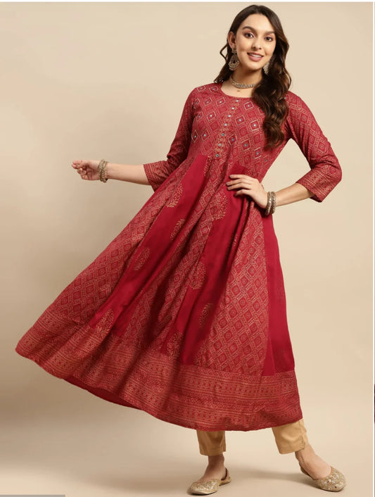 Rayon Maroon Embroidered Anarkali Dress