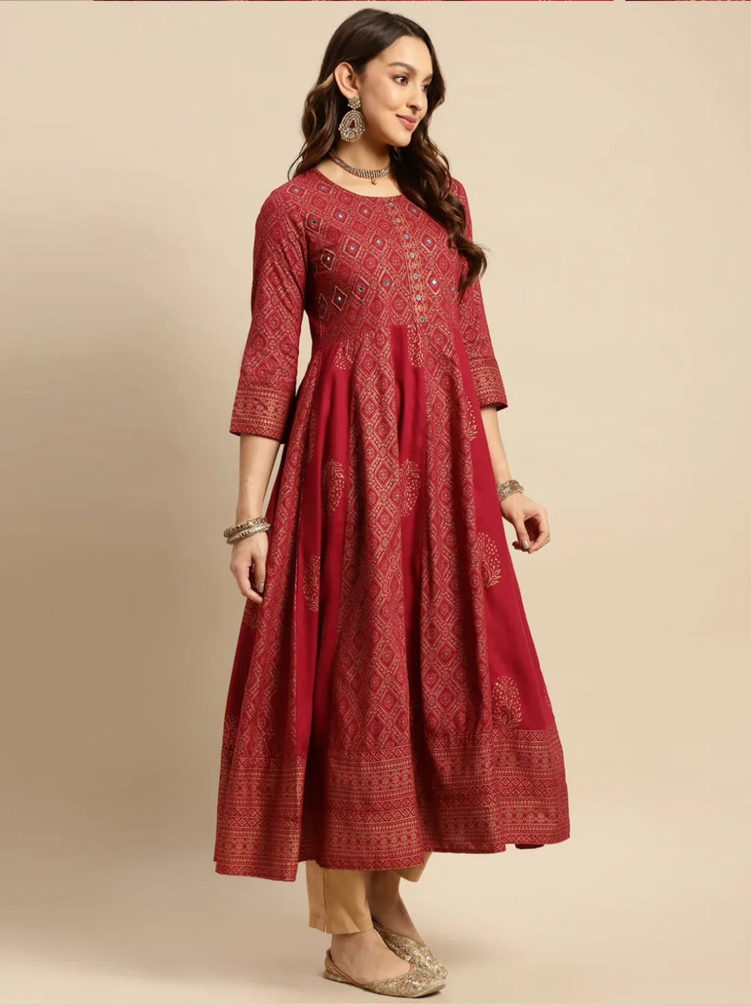 Rayon Maroon Embroidered Anarkali Dress
