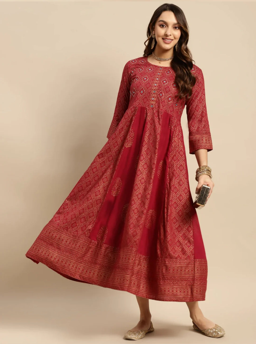 Rayon Maroon Embroidered Anarkali Dress