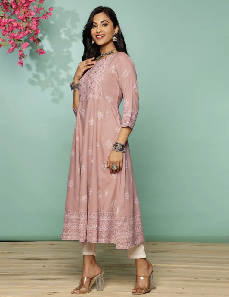 Rayon Rosy Embroidered Anarkali Dress