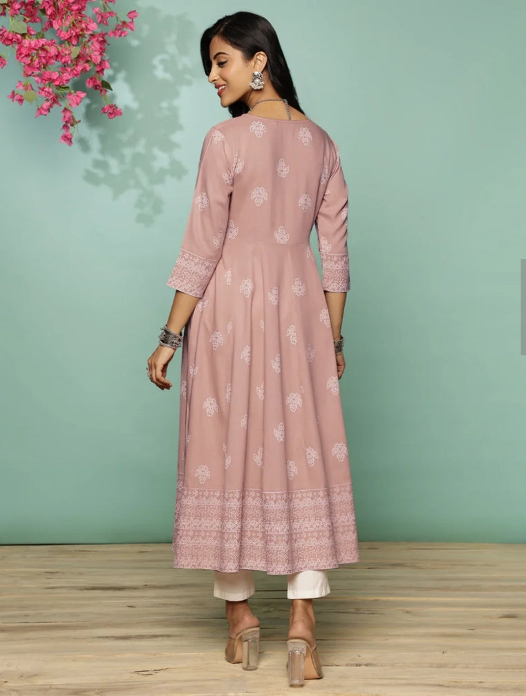 Rayon Rosy Embroidered Anarkali Dress