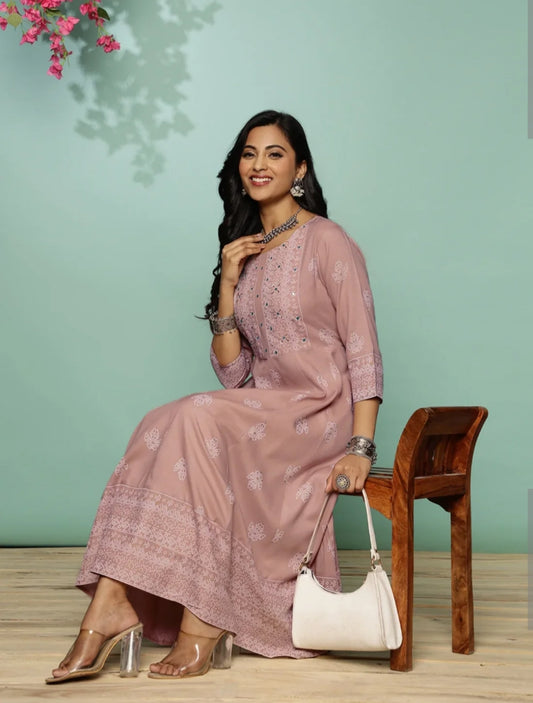 Rayon Rosy Embroidered Anarkali Dress